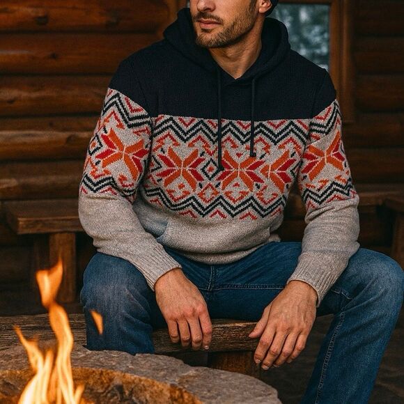 Mountain Ridge Men’s XL Knit Hoodie Sweater Gray Black Fair Isle Nordic Print - Picture 1 of 6